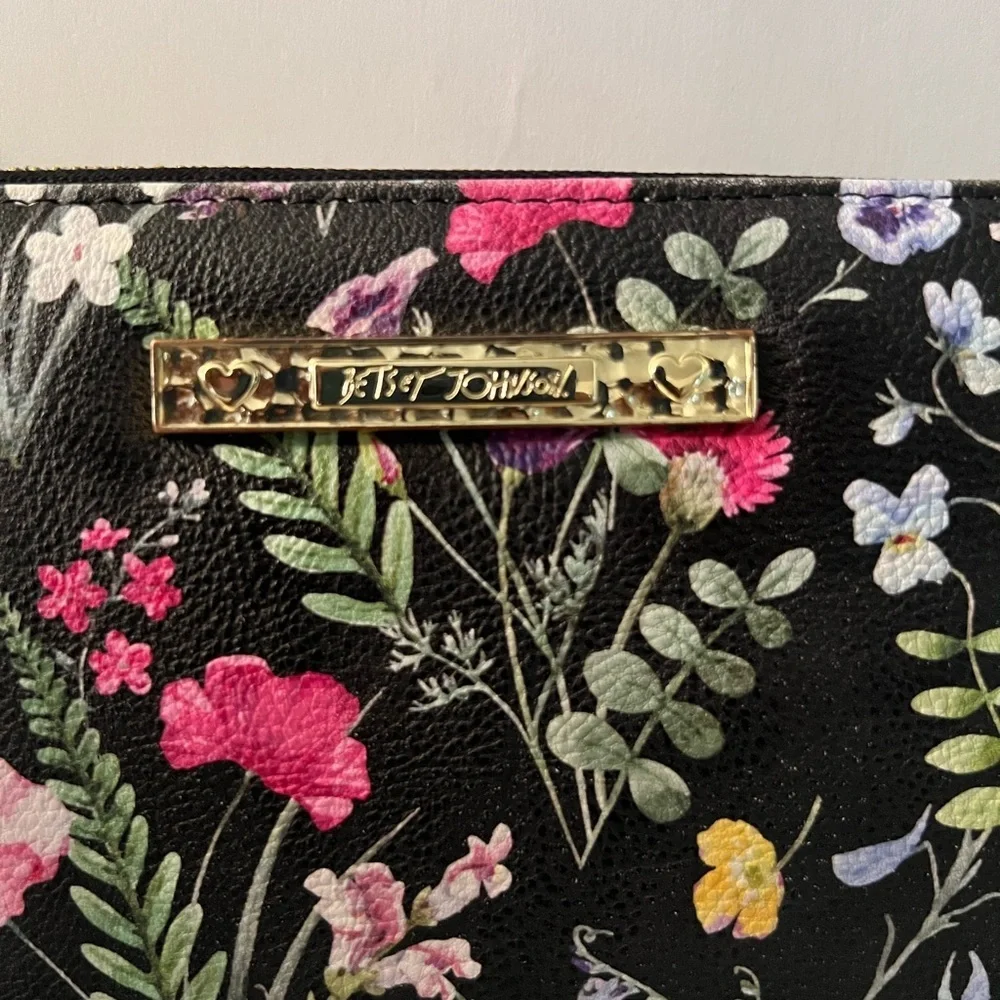 Betsey Johnson Watercolor Black Floral Large Clutch Zip-Around Wallet